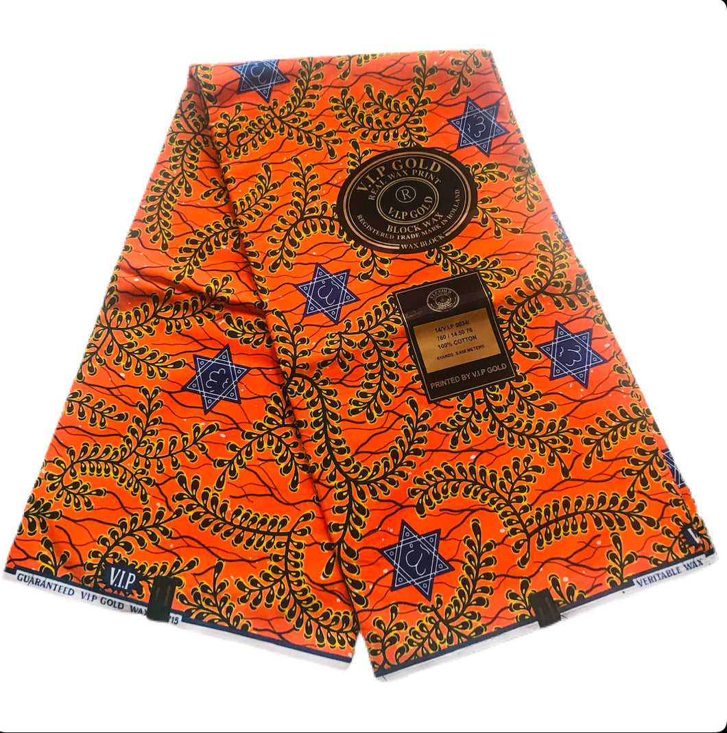 African Print Cotton Wax Fabrics Orange & Blue Star